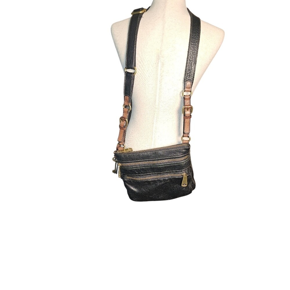 Vintage Fossil Black Pebbled Leather Explorer Triple Zip Black Crossbody Bag - Picture 7 of 13